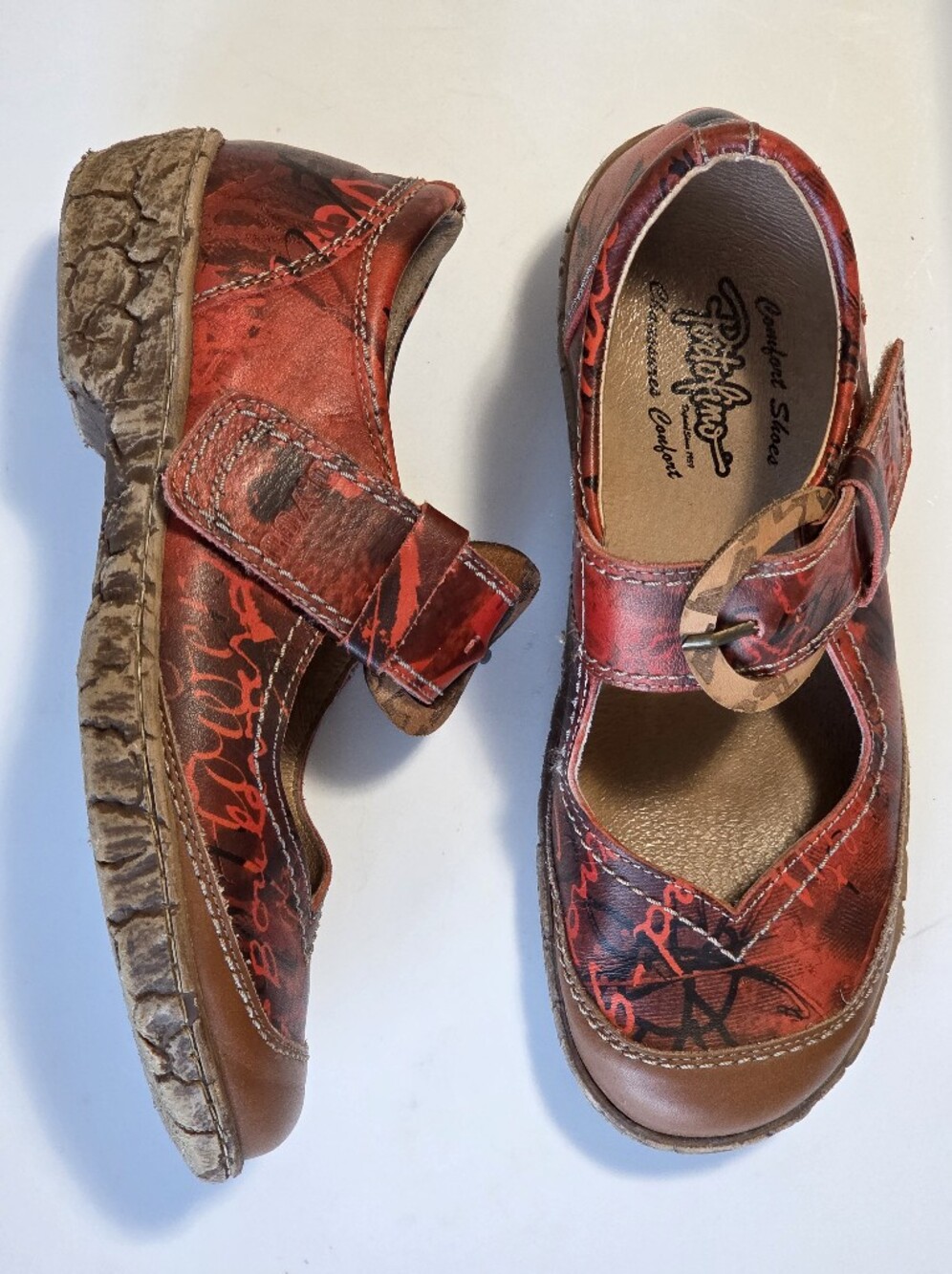Portofino Red + Black Leather Mary Jane Comfort Shoes D-You Size 38 (7.5-8 US)